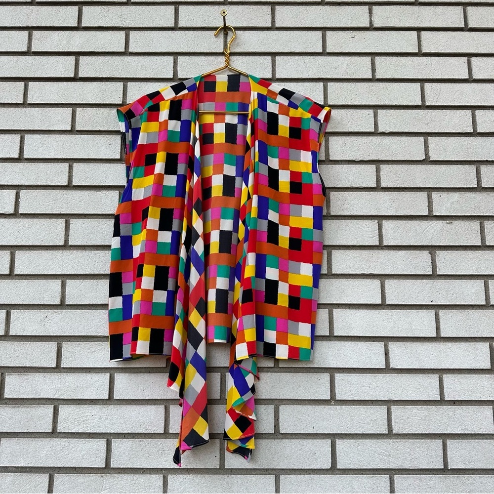 Vintage Linda Dano 100% Silk Geometric Colorblock Vest Open Front Statement